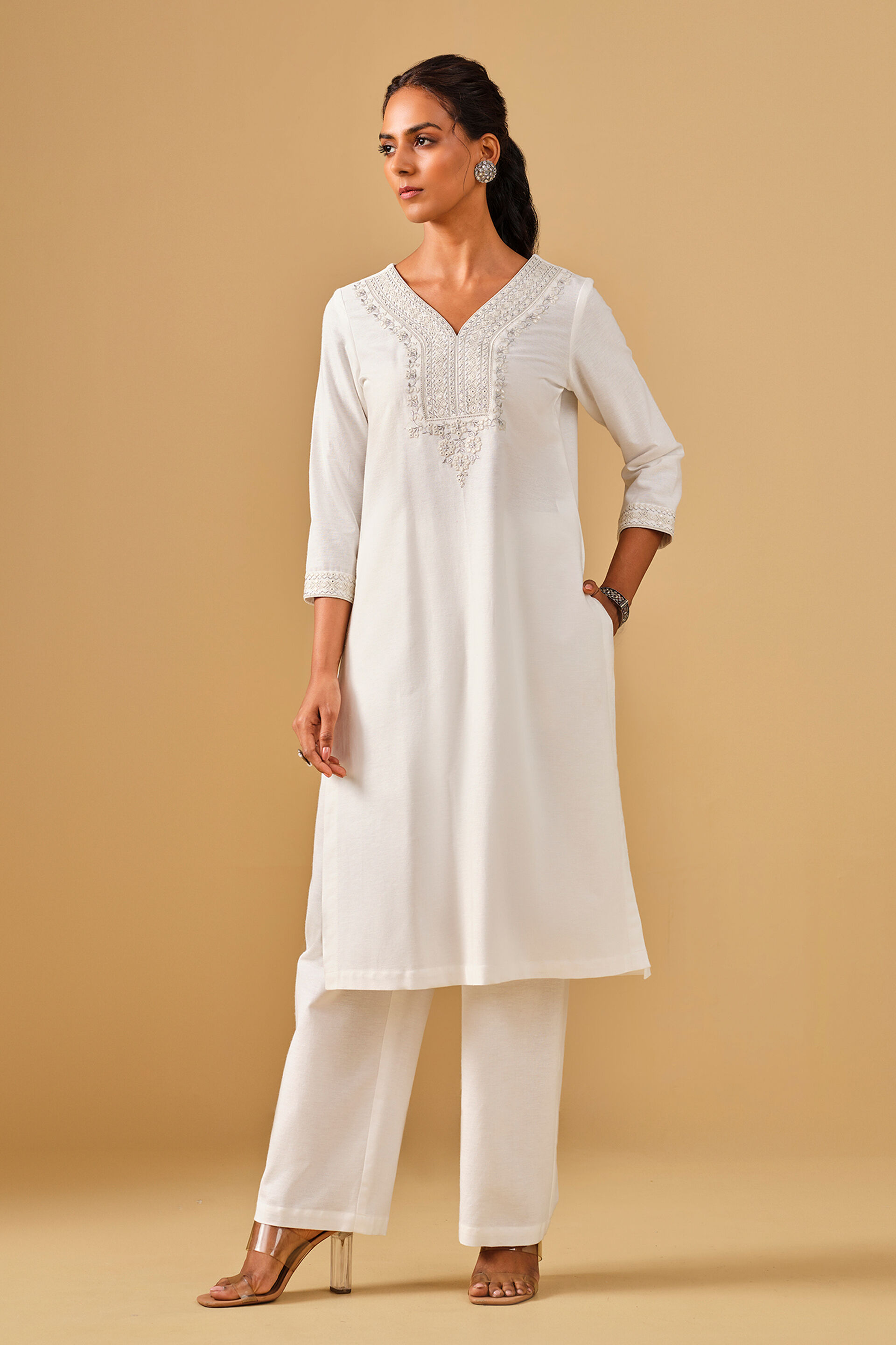 Solid White Viscose Kurta Set, White, image 2